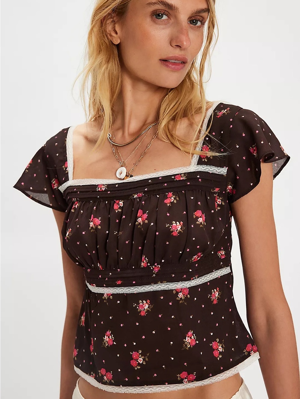 Free People Prairie Field Brown Floral Top